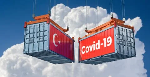 Container with Covid-19 text on the side and container with Turkey Flag. Stock Illustration