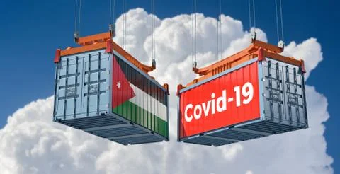 Container with Covid-19 text on the side and container with Jordan Flag. Stock Illustration