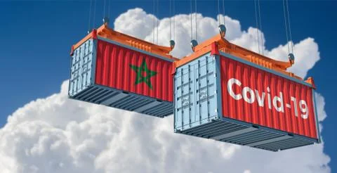 Container with Covid-19 text on the side and container with Morocco Flag. Stock Illustration