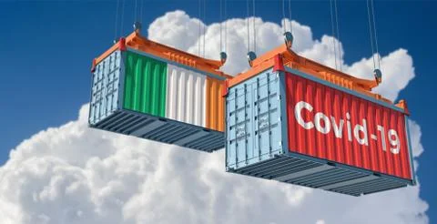 Container with Covid-19 text on the side and container with Ireland Flag. Stock Illustration