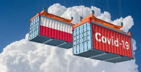 Container with  Covid-19 text on the side and container with Poland Flag. Stock Illustration