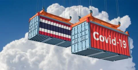 Container with Covid-19 text on the side and container with Thailand Flag. Stock Illustration