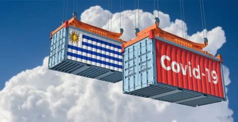 Container with Covid-19 text on the side and container with Uruguay Flag. Stock Illustration