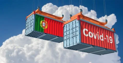 Container with Covid-19 text on the side and container with Portugal Flag. Stock Illustration