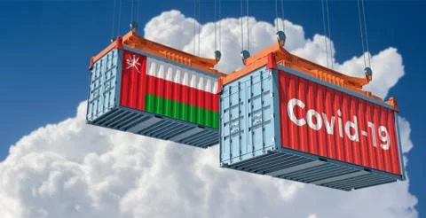 Container with Covid-19 text on the side and container with Oman Flag. Stock Illustration