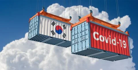 Container with Covid-19 text on the side and container with South Korea Flag. Stock Illustration