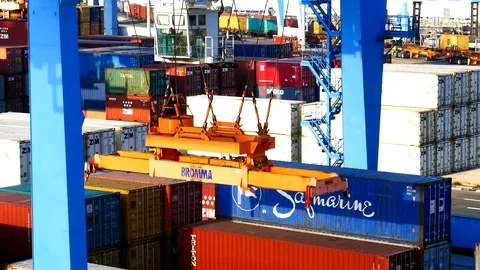 Container crane aerial view 4k intro outro for business  Stock Footage 96098906