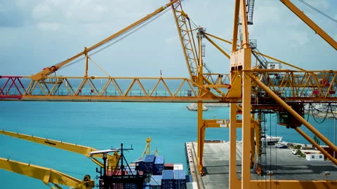 Container crane at the cargo yard. Loading goods in the seaport on the ship.port Stock Footage 197576483