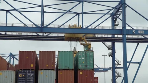 Container Crane Lifting Container at Shipping Dock 4K Stock Footage 126995357