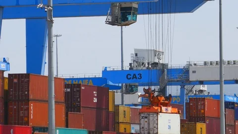 Container crane at work 4k Stock Footage 90218992