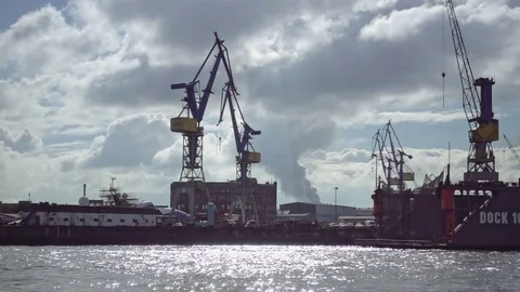Container cranes and cargo boats in marin terminal Stock Footage 71820975