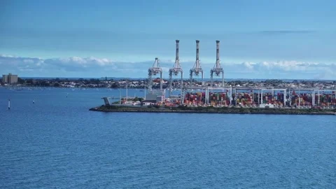 Container cranes and cargo terminal at Webb Dock in Port Melbourne Stock Footage 277967884