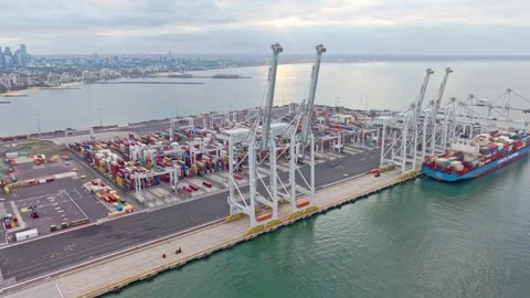 Container cranes and shipping yard at Port of Melbourne Stock Footage 333238760