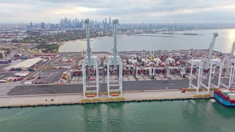 Container cranes and shipping yard at Port of Melbourne Stock Footage 333239077