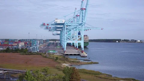 Container cranes unloading a container ship Stock Footage 117481364