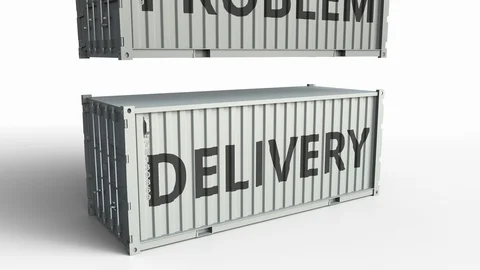 Container with DELIVERY text being broken by cargo container with PROBLEM Video stock 103363918