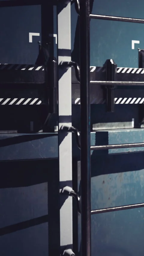 Container door viewed from the side at night near a loading area Stock Footage 339039548
