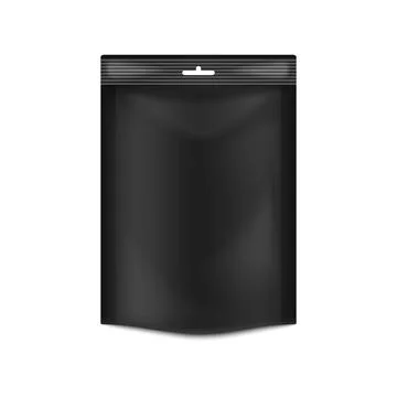 Container doypack - plastic vacuum black pouch for food a vector 3d illustrat Stock Illustration