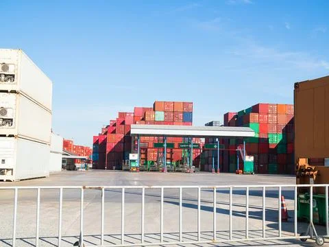 Container Dry Reefer Export Logistic Crane Forklift Port Blue Sky Stock Photos