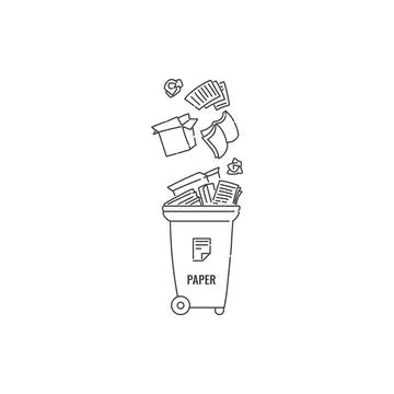 Container dumpster with paper garbage sorting and recycling. Vector black white Stock Illustration
