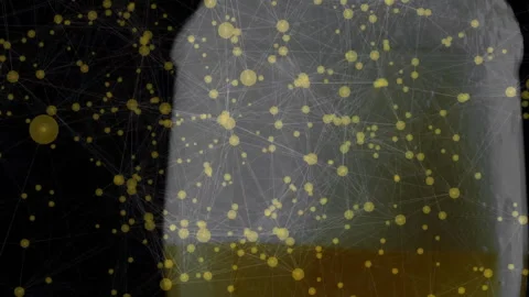 Container entering view sliding left under node network showing liquid response 스톡 동영상 314716797