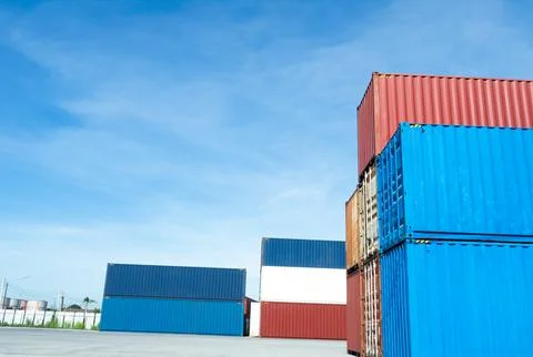 Container export logistic port Blue sky background space road import Stock Photos