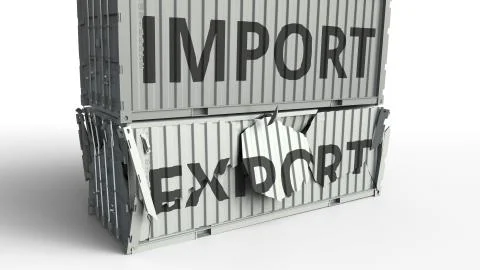 Container with EXPORT text being broken by cargo container with IMPORT Stock Illustration