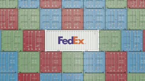 Container with FedEx corporate logo. Editorial 3D rendering Stock Illustration