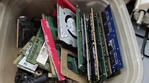 Container filled with old computer hardware and RAM modules Stock Footage 348227398