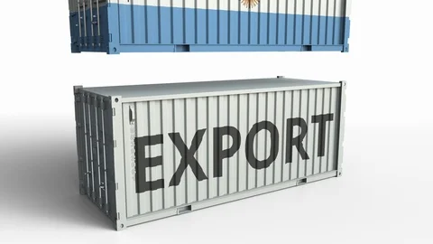 Container with flag of Argentina breaking container with EXPORT text. Conceptual Stock Footage 103576745