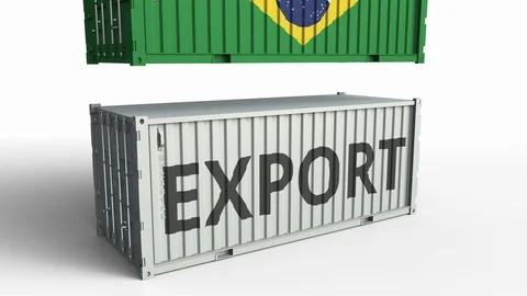 Container with flag of Brazil breaking container with EXPORT text. Conceptual 3D Stock Footage 103577170
