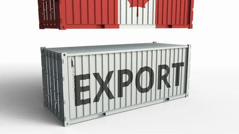 Container with flag of Canada breaking container with EXPORT text. Conceptual 3D Stock Footage 103544513