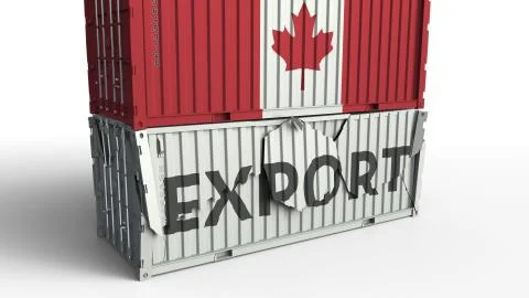 Container with flag of Canada breaking container with EXPORT text. Conceptual 3D Stock Illustration