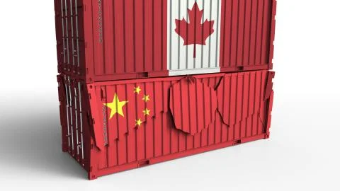 Container with flag of Canada breaks cargo container with flag of China. Trade Illustration