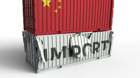 Container with flag of China breaking container with IMPORT text. Conceptual 3D Stock Illustration