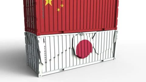 Container with flag of China breaks cargo container with flag of Japan. Trade Illustration