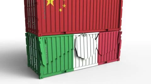 Container with flag of China breaks cargo container with flag of Italy. Trade Illustration