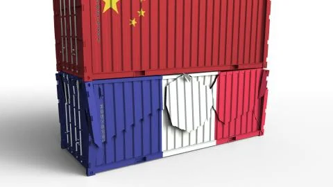 Container with flag of China breaks cargo container with flag of France. Trade Illustration