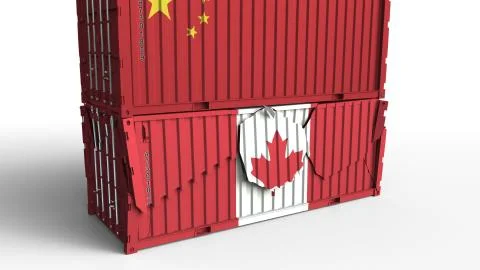 Container with flag of China breaks cargo container with flag of Canada. Trade Illustration