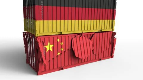 Container with flag of Germany breaks cargo container with flag of China. Trade Illustration