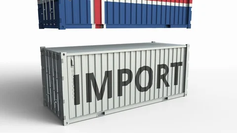 Container with flag of Iceland breaking container with IMPORT text. Conceptual Stock Footage 103553073