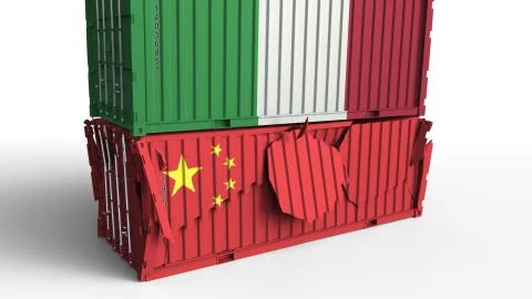 Container with flag of Italy breaks cargo container with flag of China. Trade Illustration