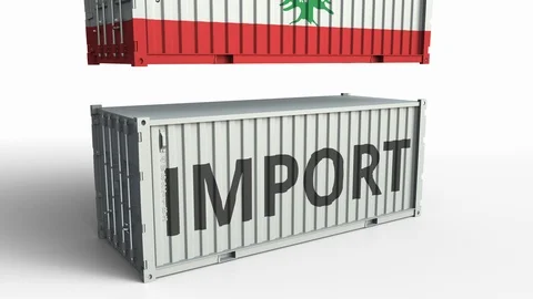 Container with flag of Lebanon breaking container with IMPORT text. Conceptual Stock Footage 103553841