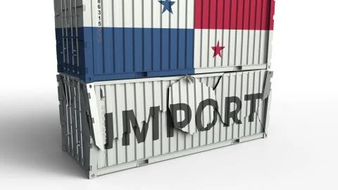 Container with flag of Panama breaking container with IMPORT text. Conceptual 3D Stock Illustration