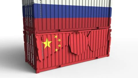 Container with flag of Russia breaks cargo container with flag of China. Trade Illustration