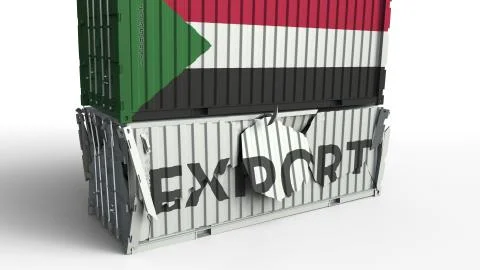 Container with flag of Sudan breaking container with EXPORT text. Conceptual 3D Stock Illustration