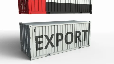 Container with flag of the UAE breaking container with EXPORT text. Conceptual Stock Footage 103628500