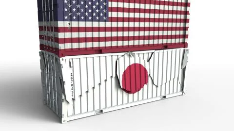 Container with flag of the USA breaks cargo container with flag of Japan. Trade Illustration