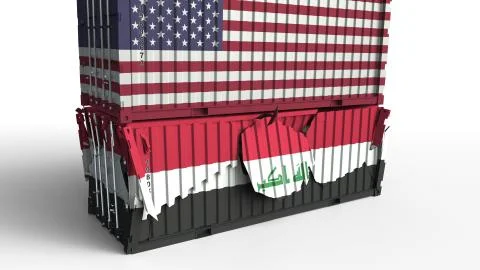 Container with flag of the USA breaks cargo container with flag of Iraq. Trade Illustration