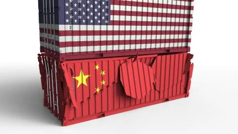 Container with flag of the USA breaks cargo container with flag of China. Trade Illustration